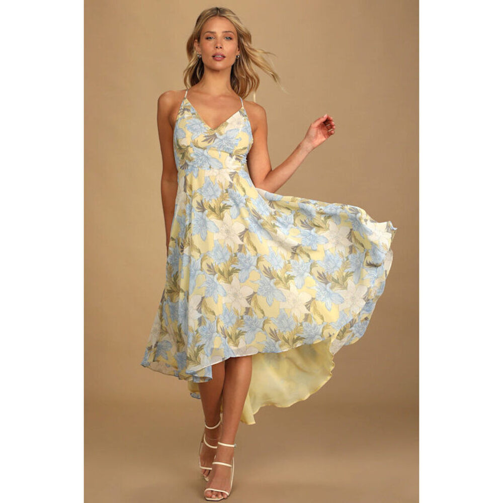 Lulus Be With Me Yellow Floral Print Lace-up High Low Dress - Size XS